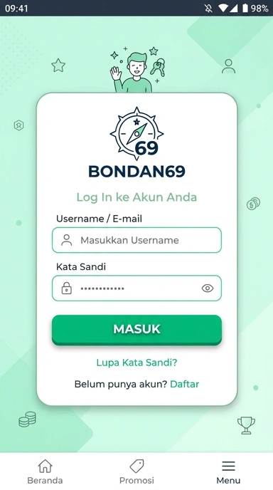 Tampilan halaman login bondan69